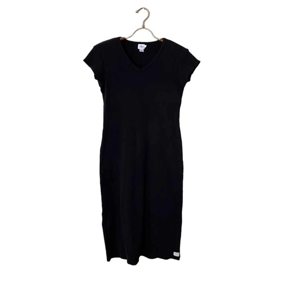 Vintage 90s Y2K CK Calvin Klein Black Ribbed Maxi T-Shirt Dress Short Sleeve M